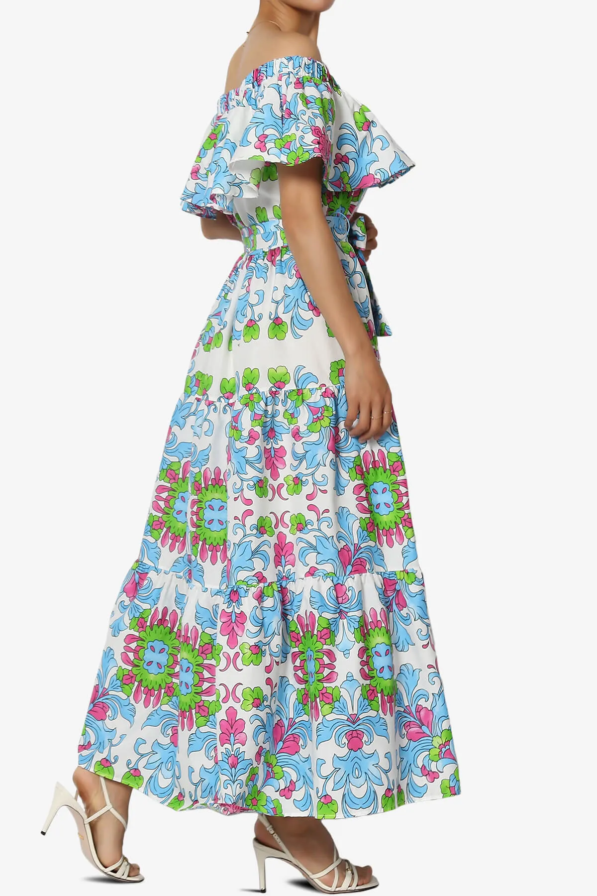 Kenny Ruffle Off Shoulder Floral Woven Long Dress in Light Blue