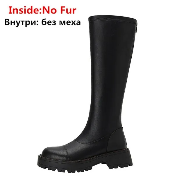 Knee High Boots Women Flat Shoes Round Toe