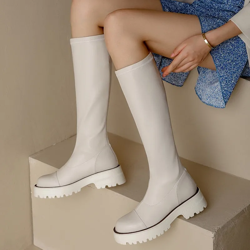 Knee High Boots Women Flat Shoes Round Toe