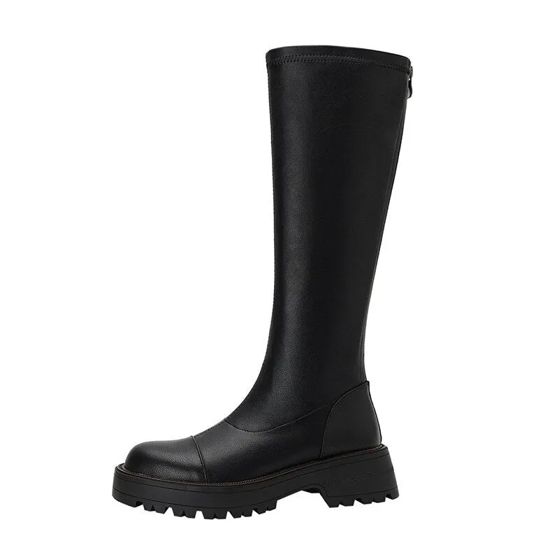 Knee High Boots Women Flat Shoes Round Toe