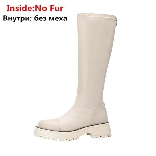 Knee High Boots Women Flat Shoes Round Toe