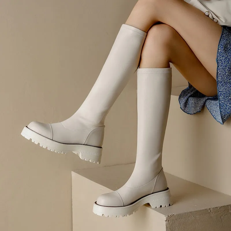 Knee High Boots Women Flat Shoes Round Toe