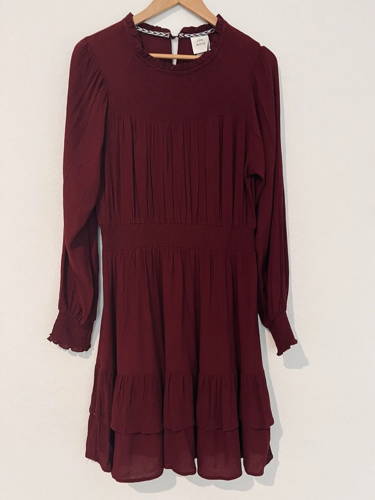 KNOX ROSE Burgundy Long Sleeve Dress Sz M Ruffle Tiered Boho Knee Smock Wrist