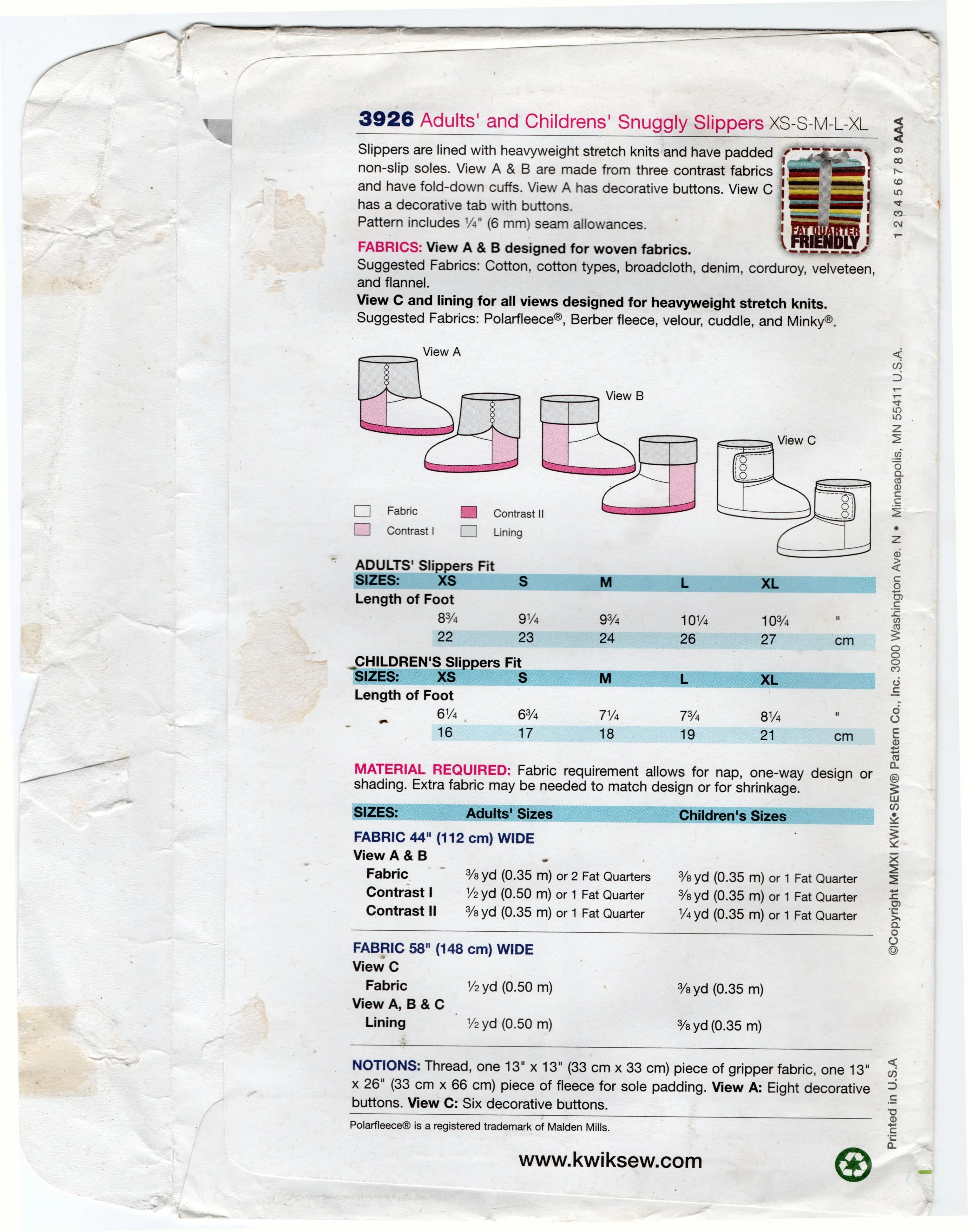 Kwik Sew 3926 Adults & Childrens Snuggly Slippers Out Of Print Sewing Pattern UNCUT Factory Folded