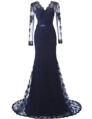 Lace and Tulle V-Neck Mermaid Evening Dress