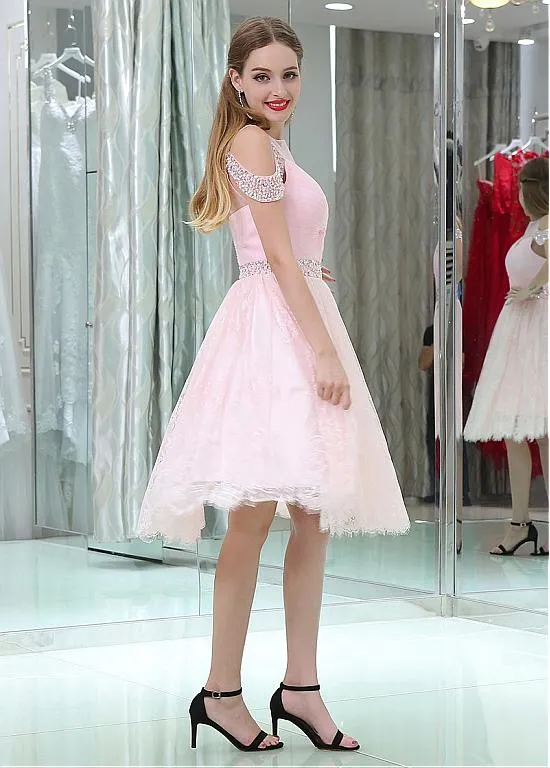 Lace Jewel Pink Homecoming Dresses