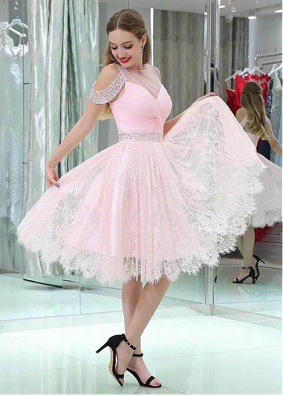 Lace Jewel Pink Homecoming Dresses