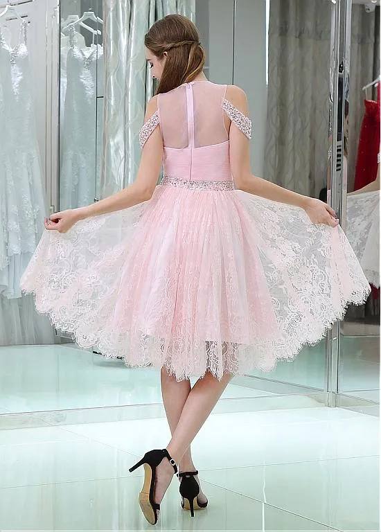 Lace Jewel Pink Homecoming Dresses