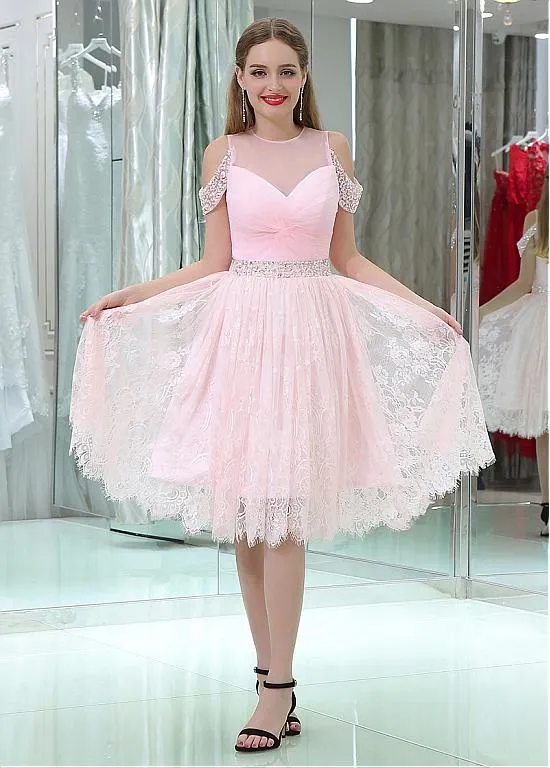 Lace Jewel Pink Homecoming Dresses
