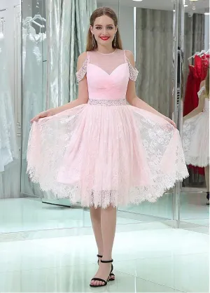 Lace Jewel Pink Homecoming Dresses