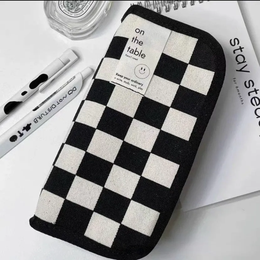 Large Capacity Pencil Case Simple Checkerboard Lattice Pencil Bag Stationery Student Canvas Estuche Multifuncional Lapices