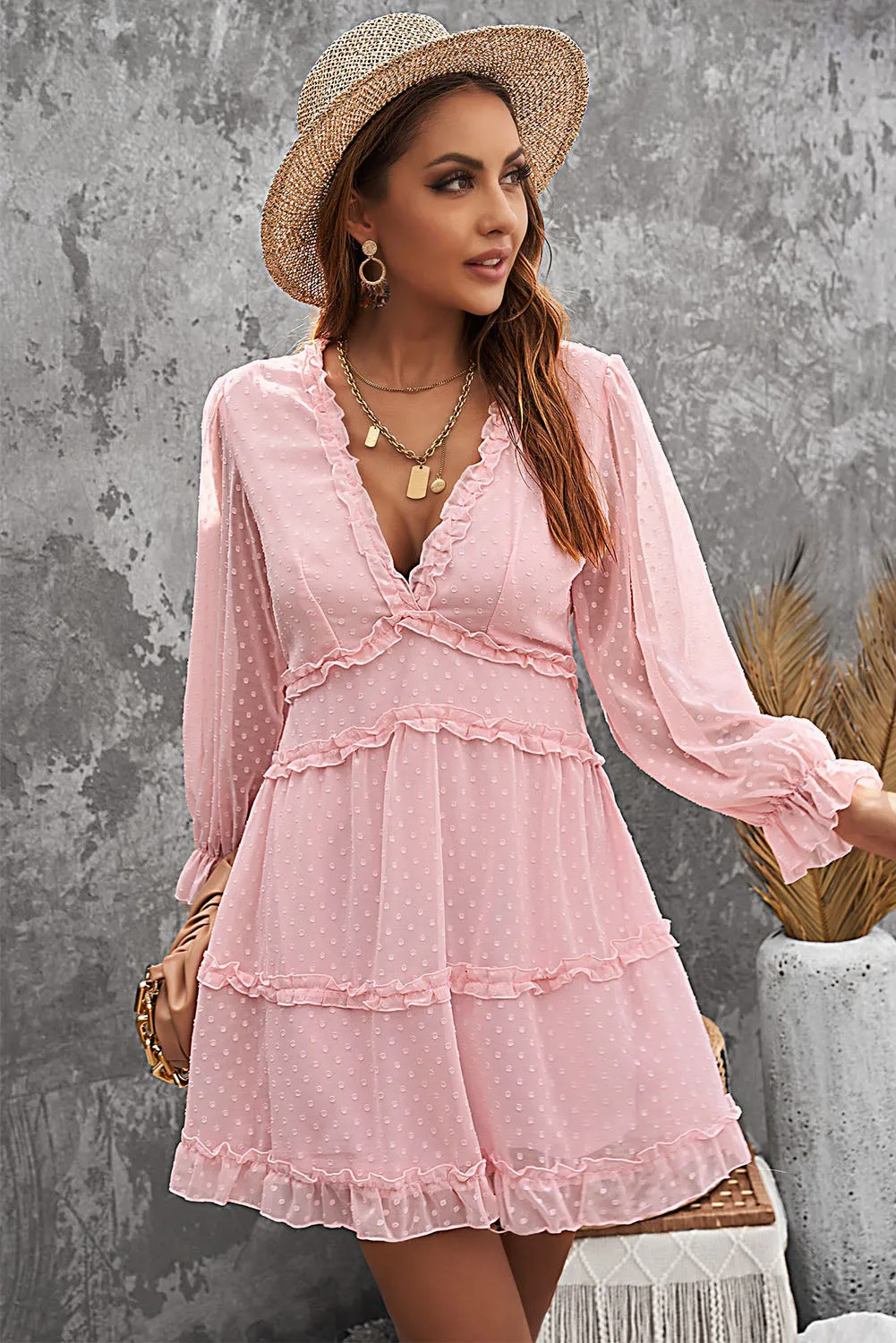 Layered Ruffled Open Back Puff Sleeve Swiss Dot Mini Dress