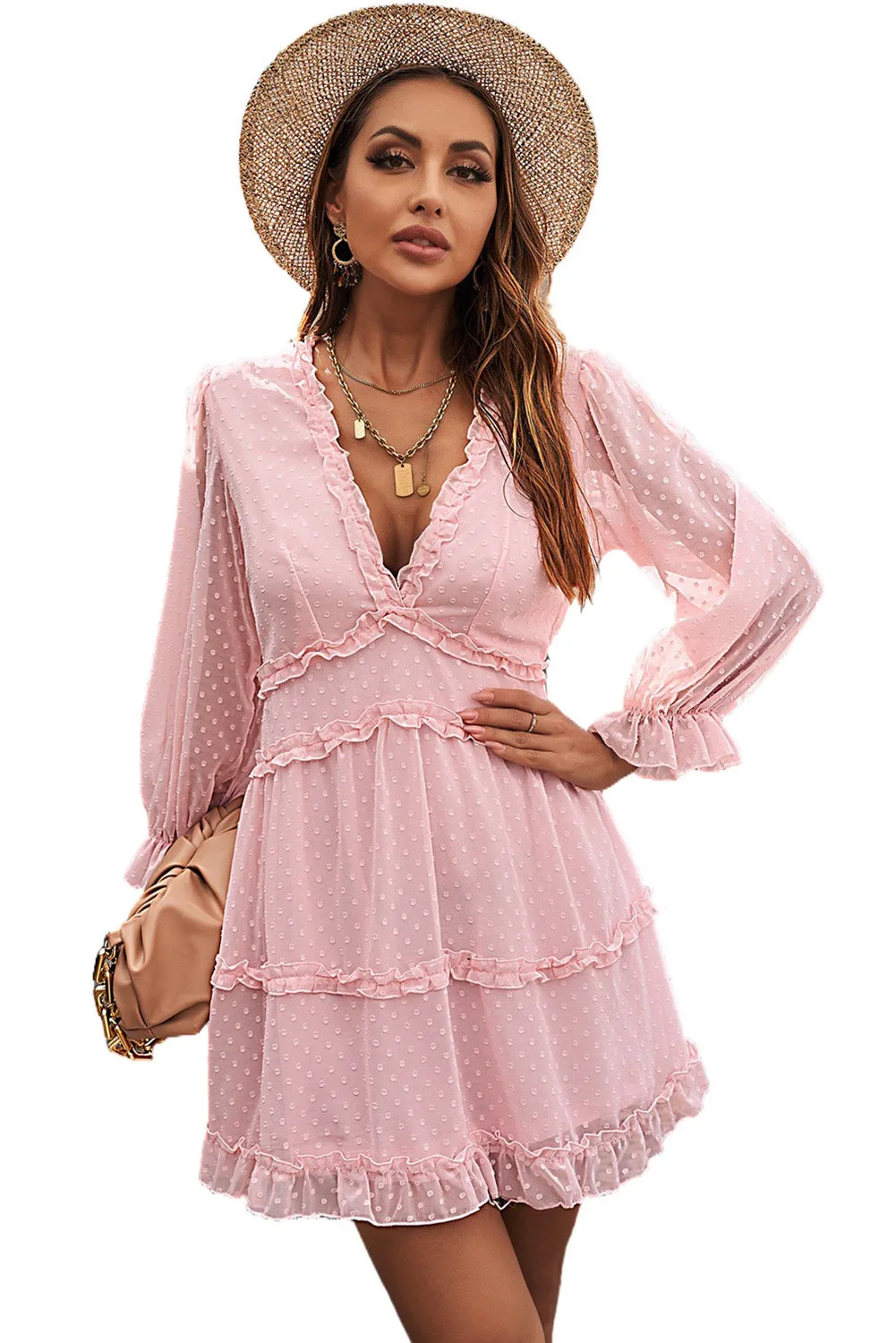 Layered Ruffled Open Back Puff Sleeve Swiss Dot Mini Dress