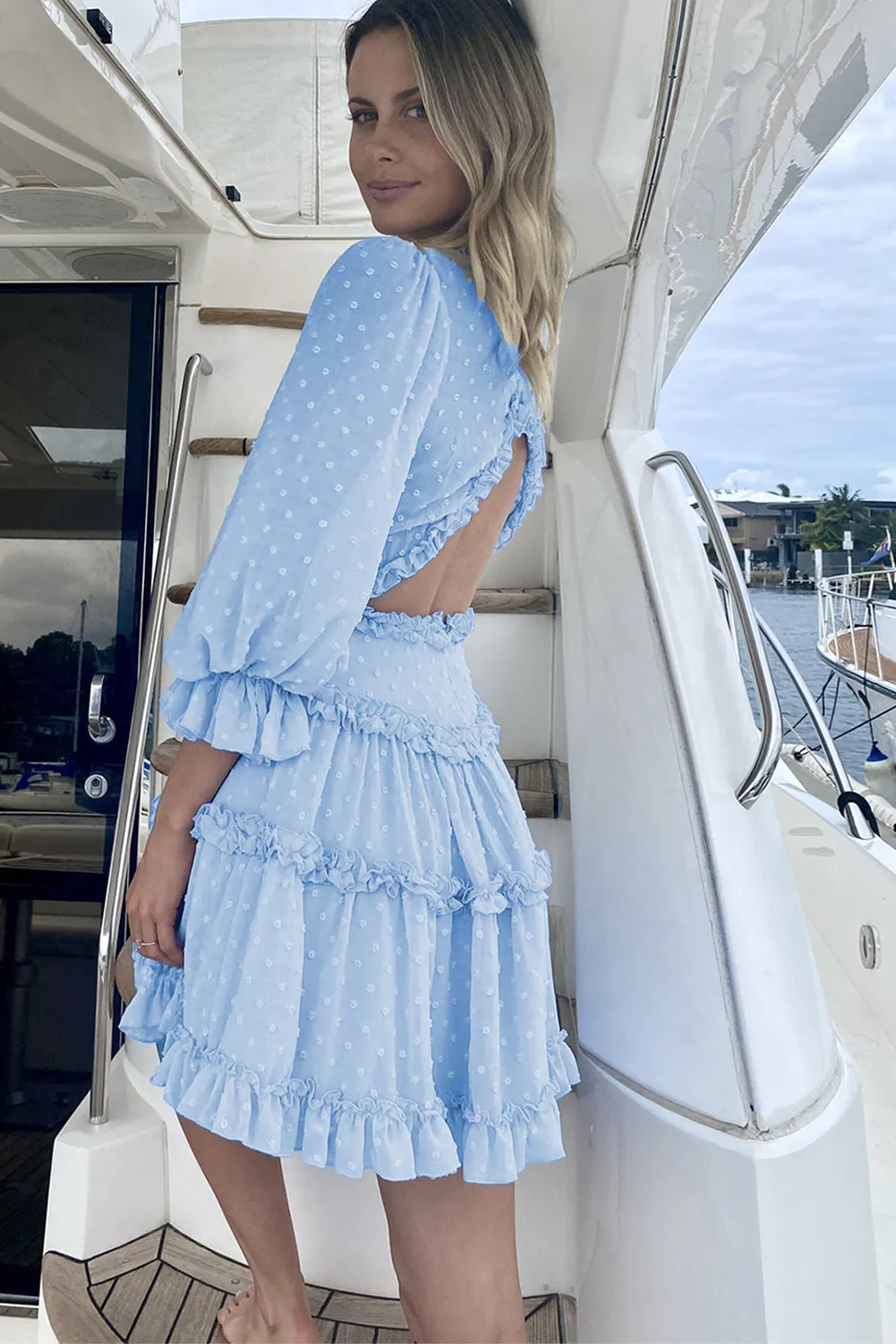 Layered Ruffled Open Back Puff Sleeve Swiss Dot Mini Dress