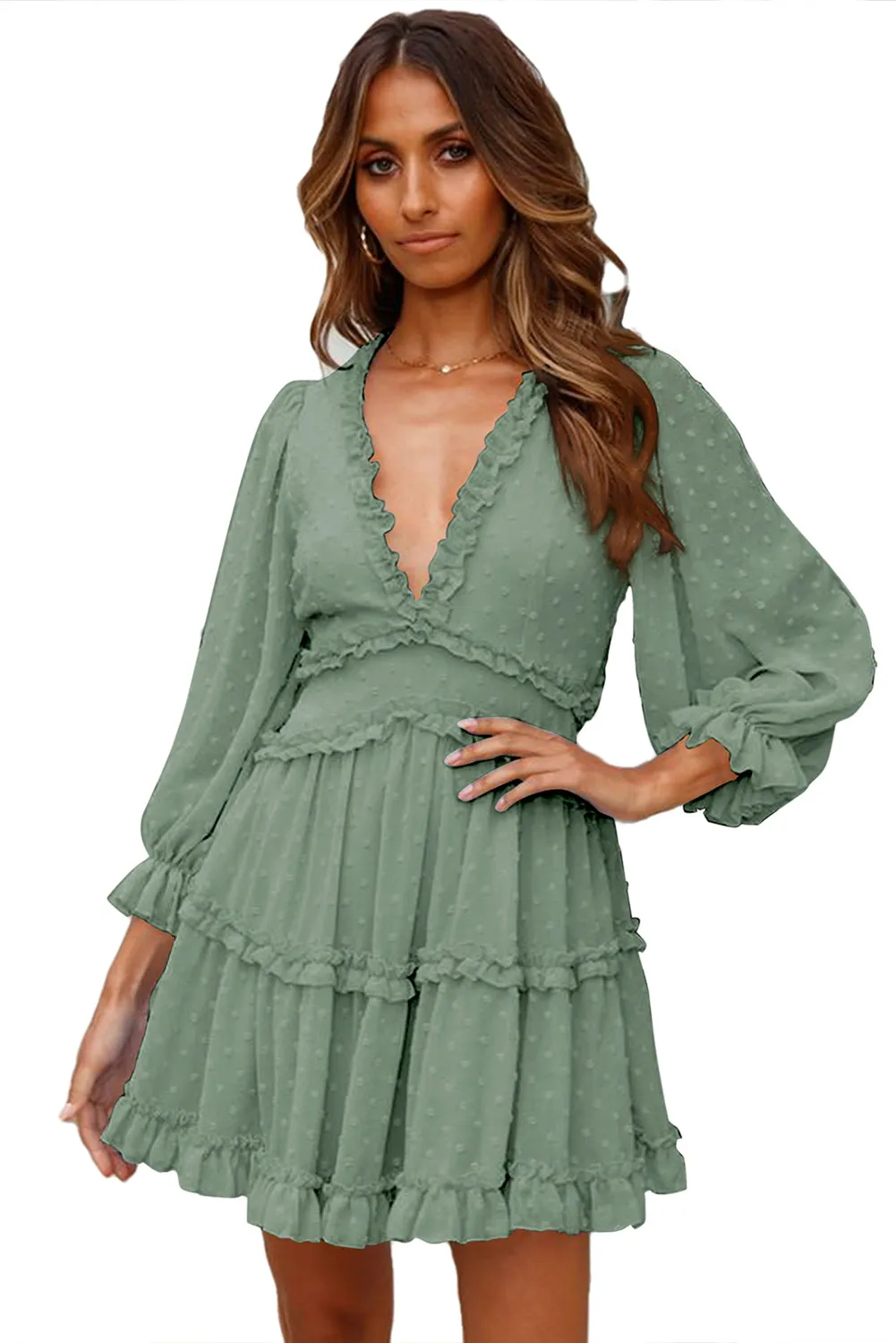 Layered Ruffled Open Back Puff Sleeve Swiss Dot Mini Dress