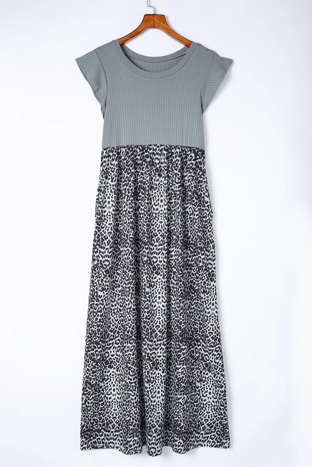 Leopard Patchwork Ribbed Maxi Dress with Pockets