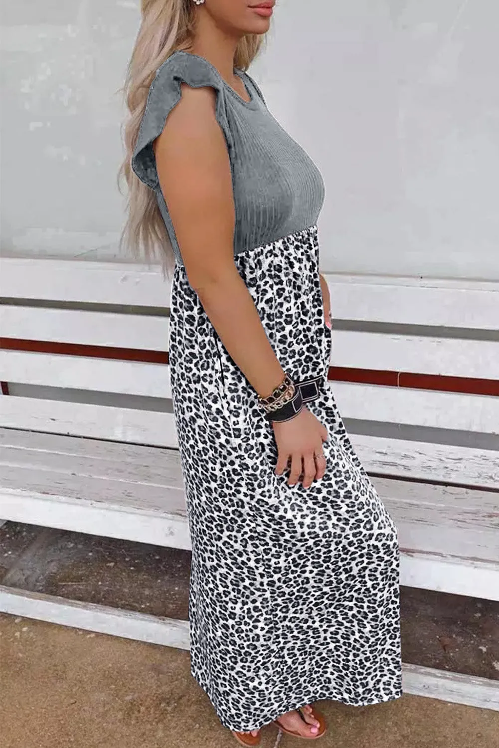Leopard Patchwork Ribbed Maxi Dress with Pockets
