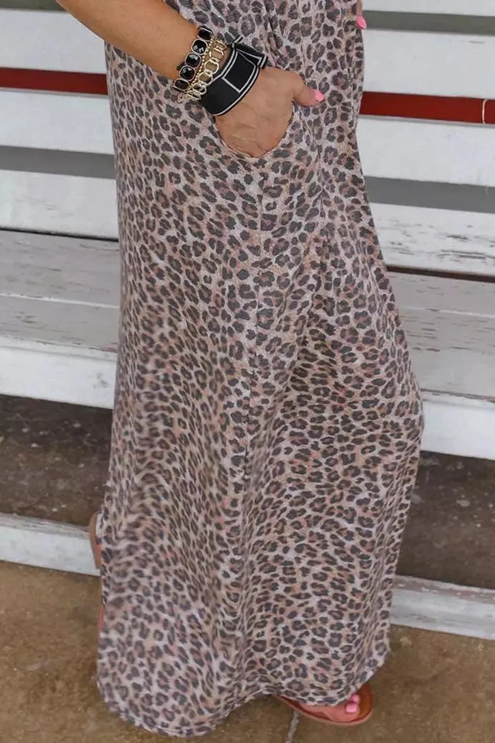 Leopard Patchwork Ribbed Maxi Dress with Pockets