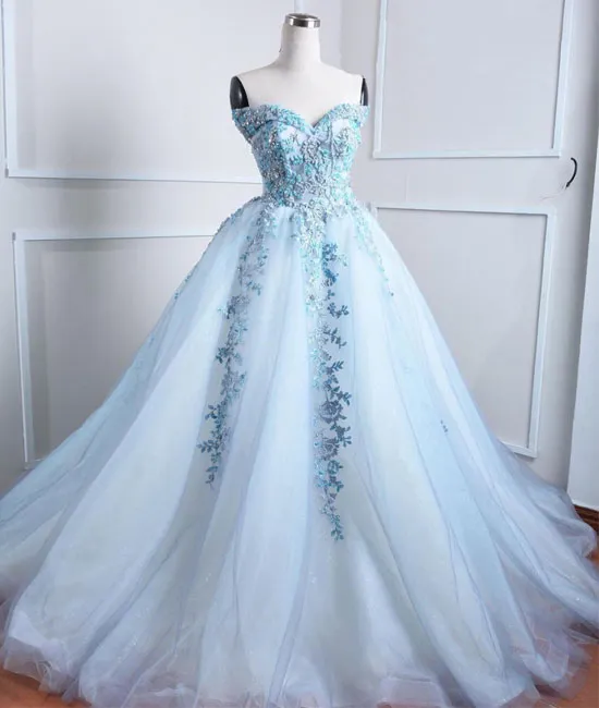 Light blue tulle lace applique long prom dress, blue evening dress