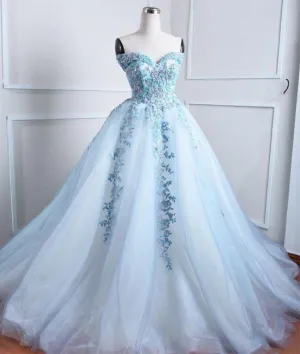 Light blue tulle lace applique long prom dress, blue evening dress