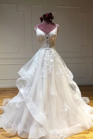 Light champagne tulle lace long prom dress lace long wedding dress