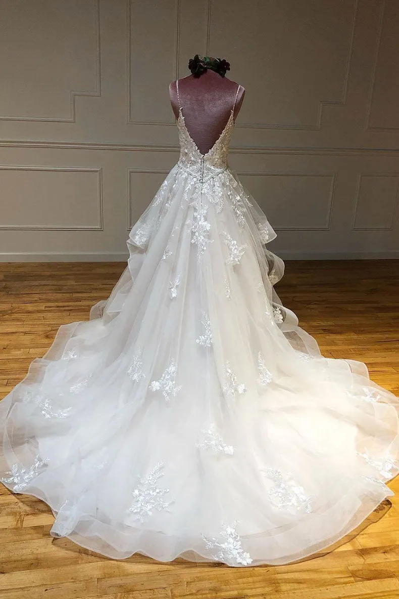 Light champagne tulle lace long prom dress lace long wedding dress