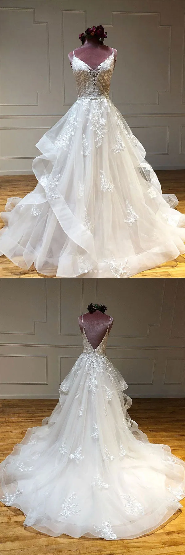 Light champagne tulle lace long prom dress lace long wedding dress