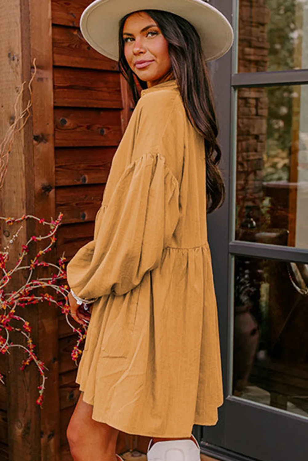 Light French Beige Loose Bishop Sleeve Shirt Dress
