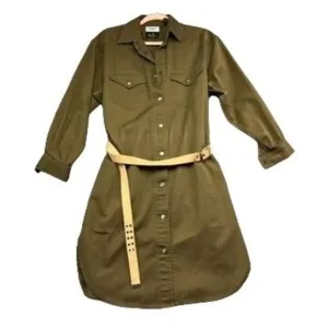 Liz Claiborne Olive Green Dress Shirt Belted, Chest Flop Pocket, Button Down