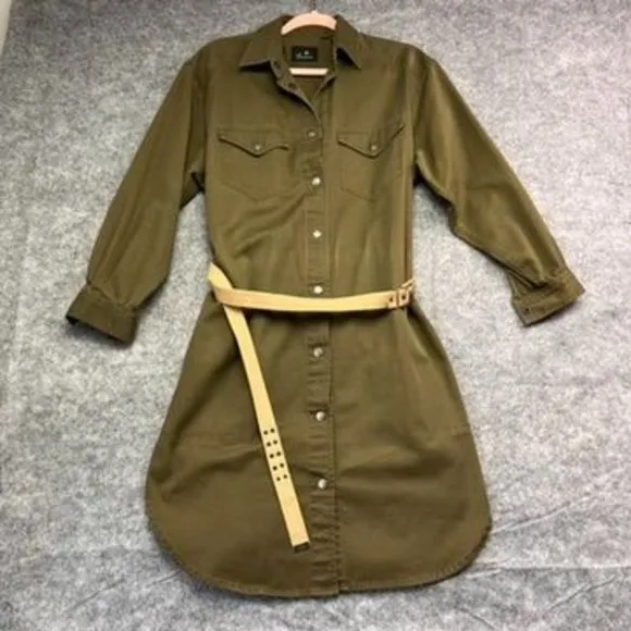 Liz Claiborne Olive Green Dress Shirt Belted, Chest Flop Pocket, Button Down