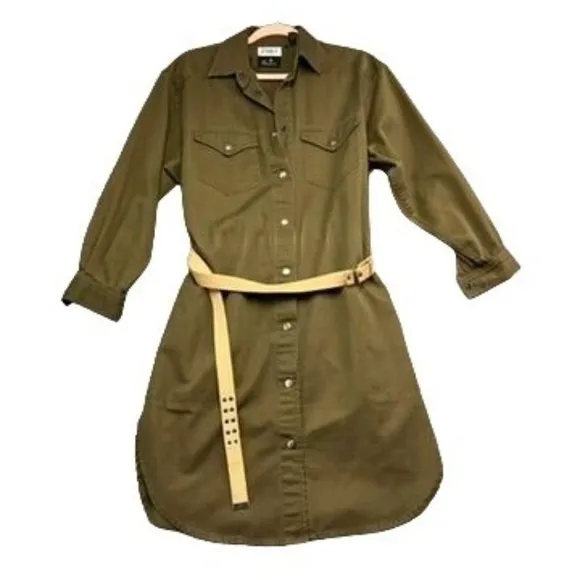 Liz Claiborne Olive Green Dress Shirt Belted, Chest Flop Pocket, Button Down