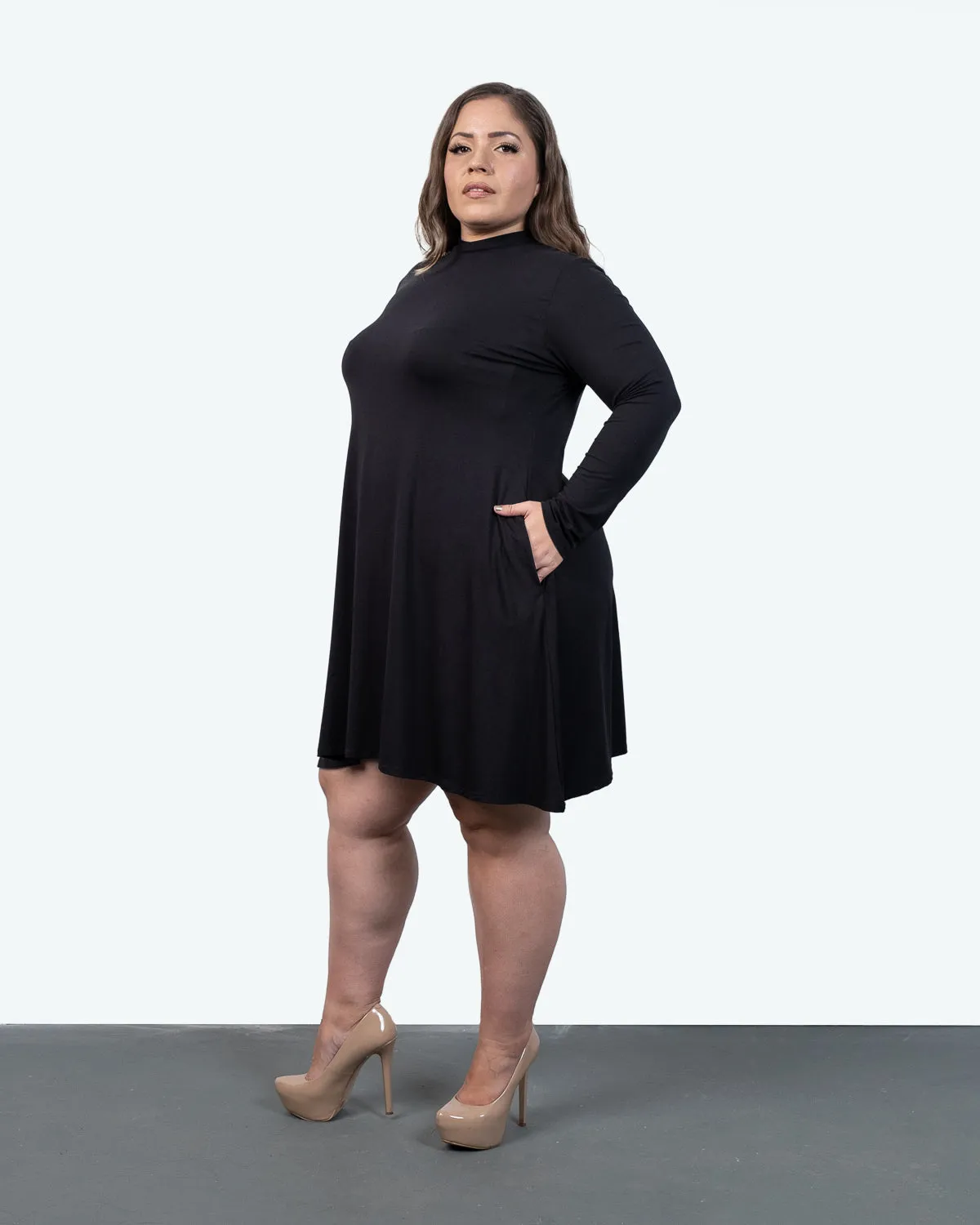Long Sleeve Turtle Neck Dress With Pockets