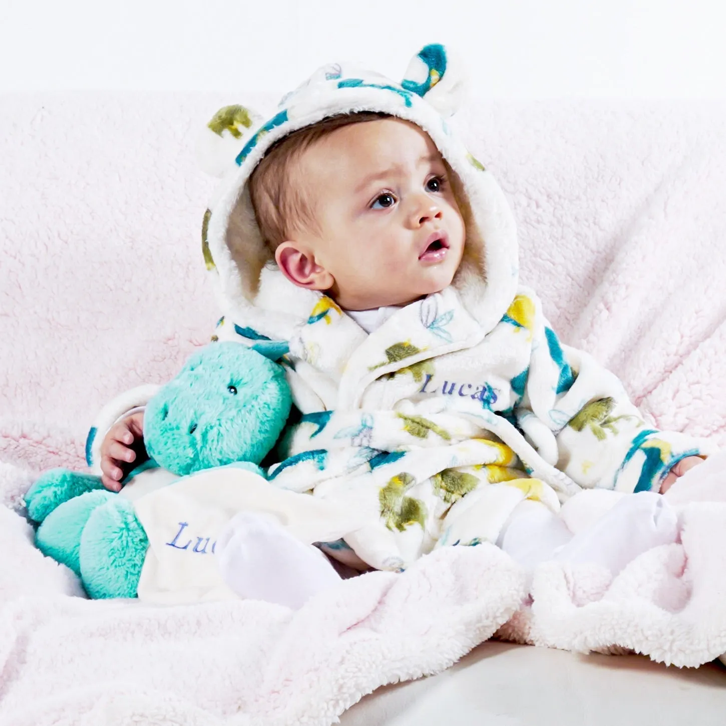 Lulabay baby boys personalised dinosaur dressing gown and monster slippers gift set