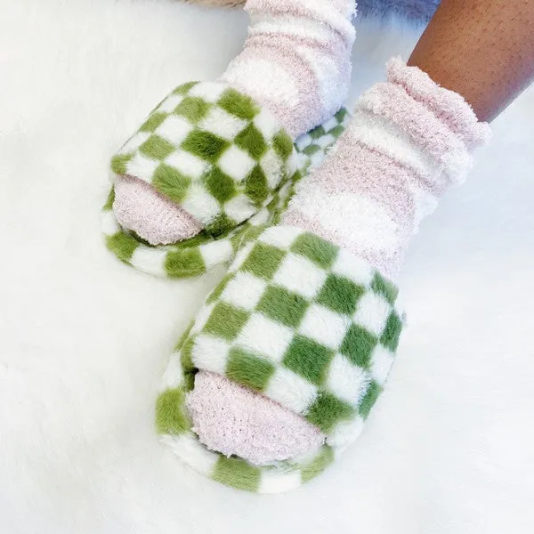 Luxe Lounge Checker Cozy Slipper – Soft Open-Toe Slippers with Non-Slip Soles