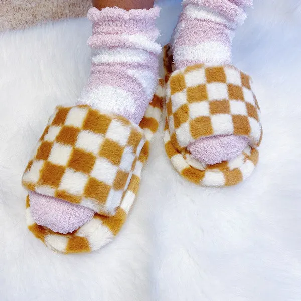 Luxe Lounge Checker Cozy Slipper – Soft Open-Toe Slippers with Non-Slip Soles