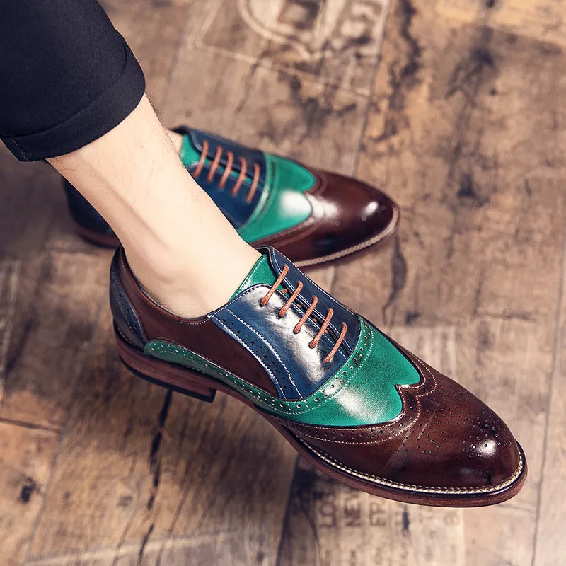 Men's Two Tone Genuine Leather Oxford Brogue Dress Shoes