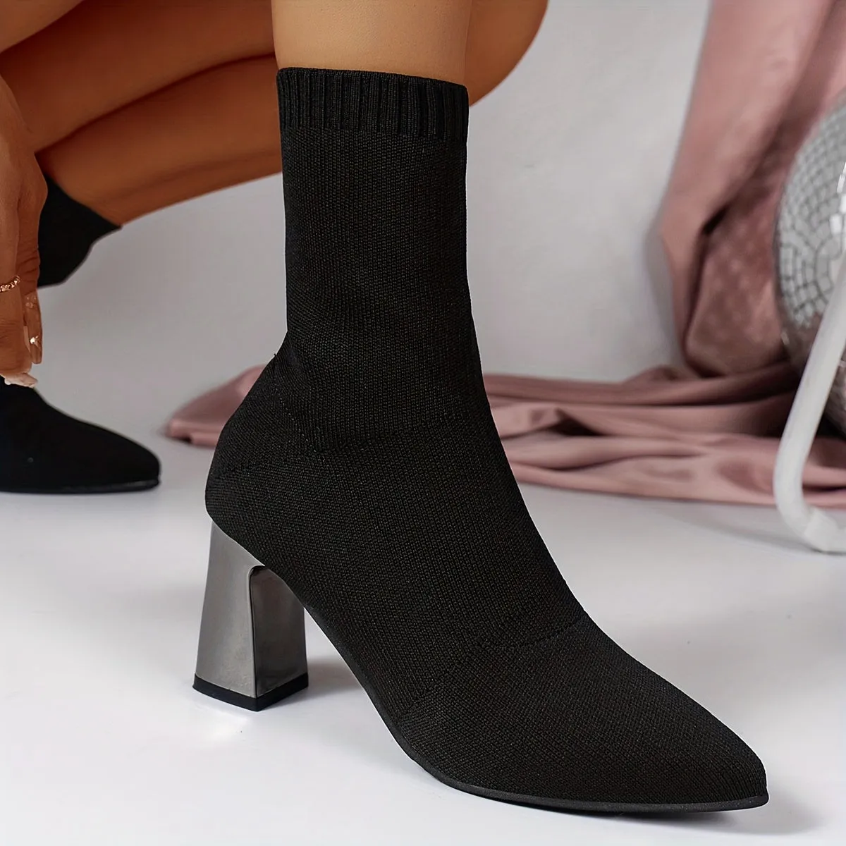 Modern Knit Ankle Boots with Geometric Heel