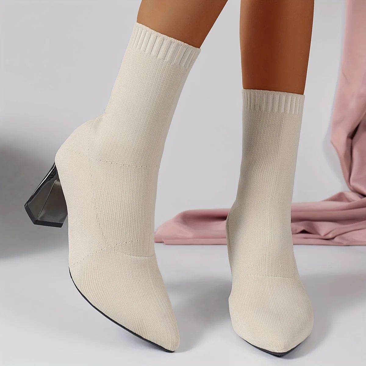 Modern Knit Ankle Boots with Geometric Heel