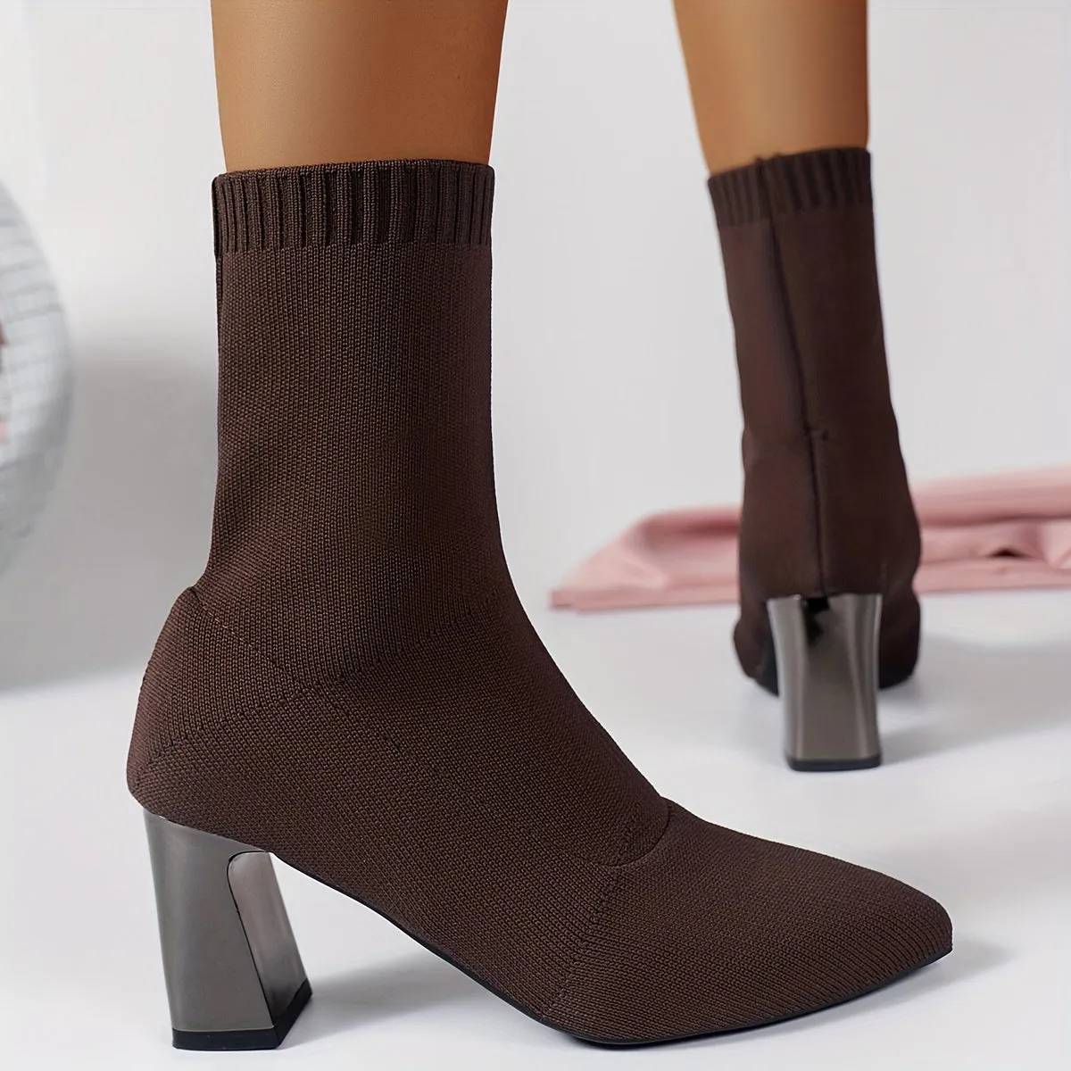 Modern Knit Ankle Boots with Geometric Heel