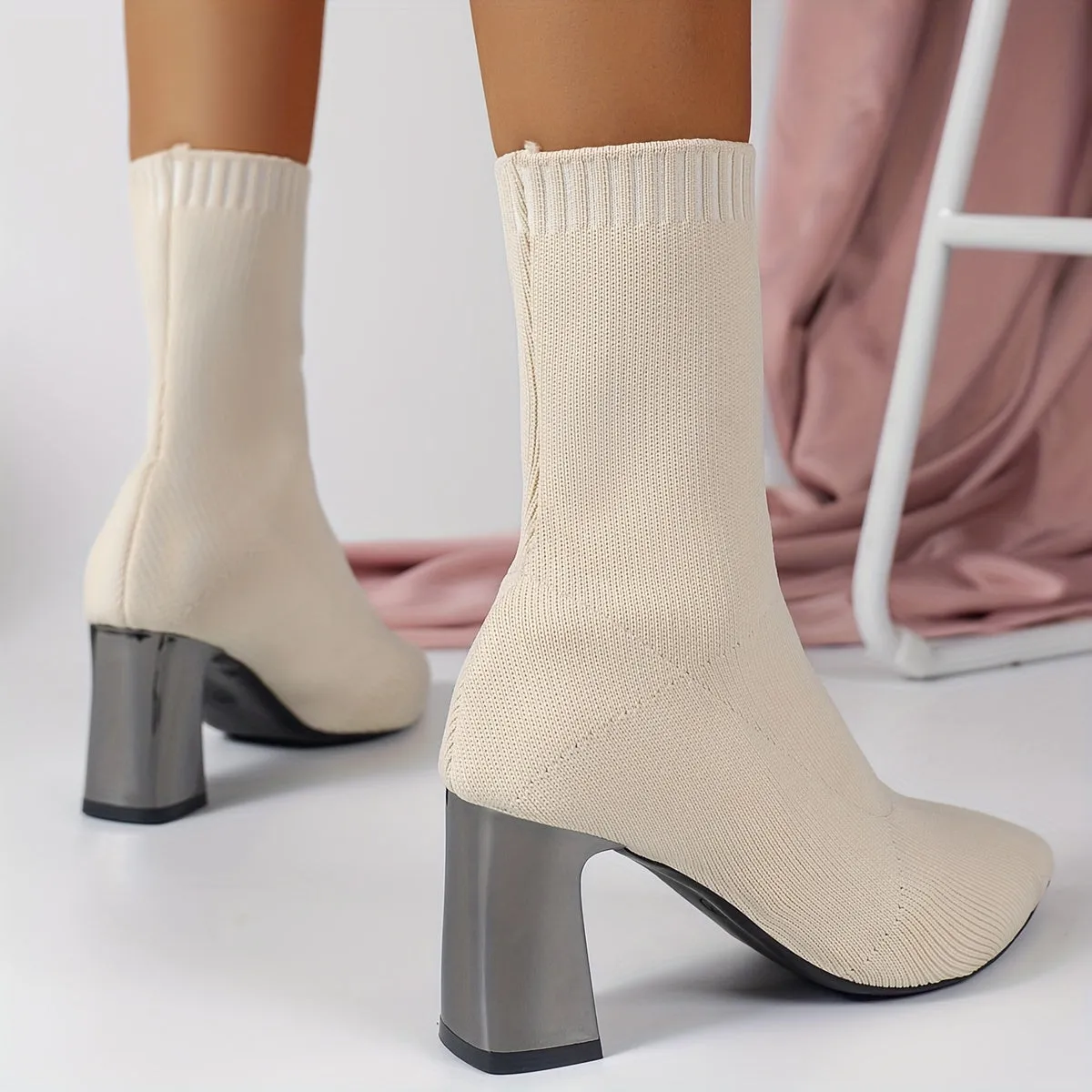 Modern Knit Ankle Boots with Geometric Heel