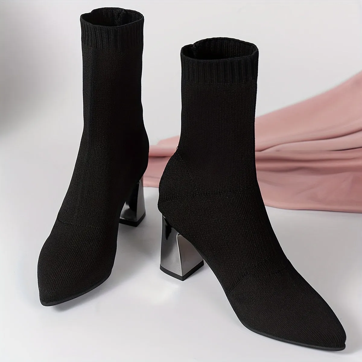 Modern Knit Ankle Boots with Geometric Heel