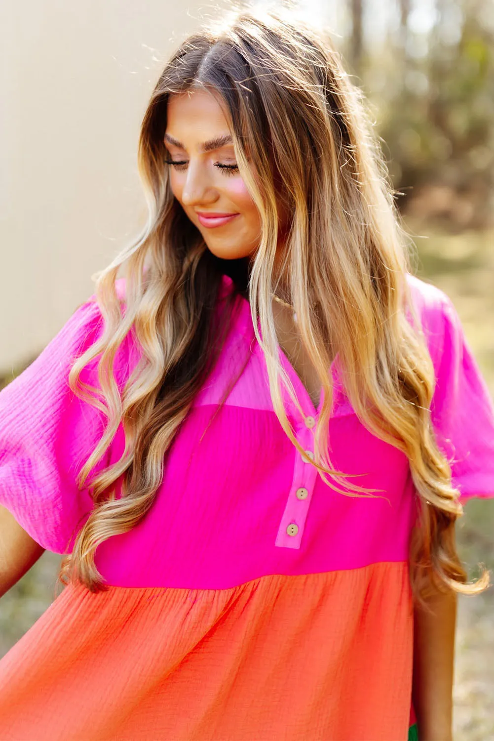 Multicolor Color Block Tiered Puff Sleeve Dress