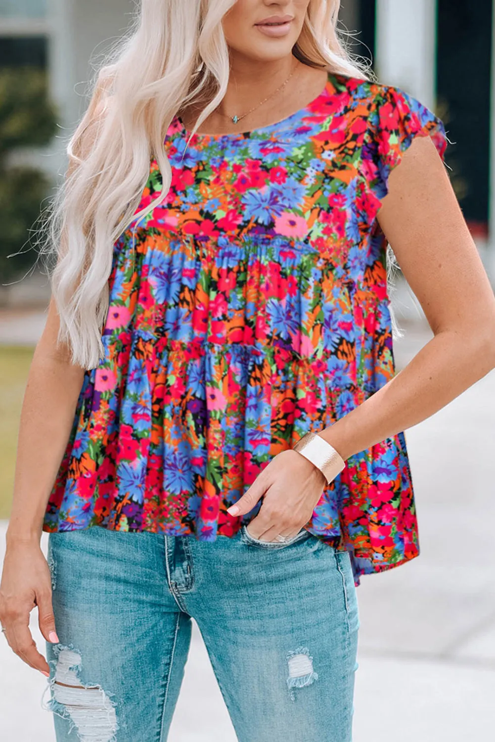 Multicolor Floral Short Sleeve Ruffle Mini Dress