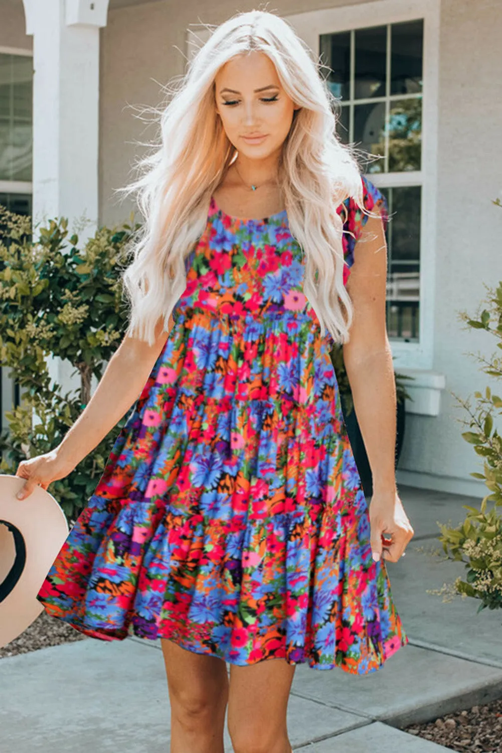 Multicolor Floral Short Sleeve Ruffle Mini Dress