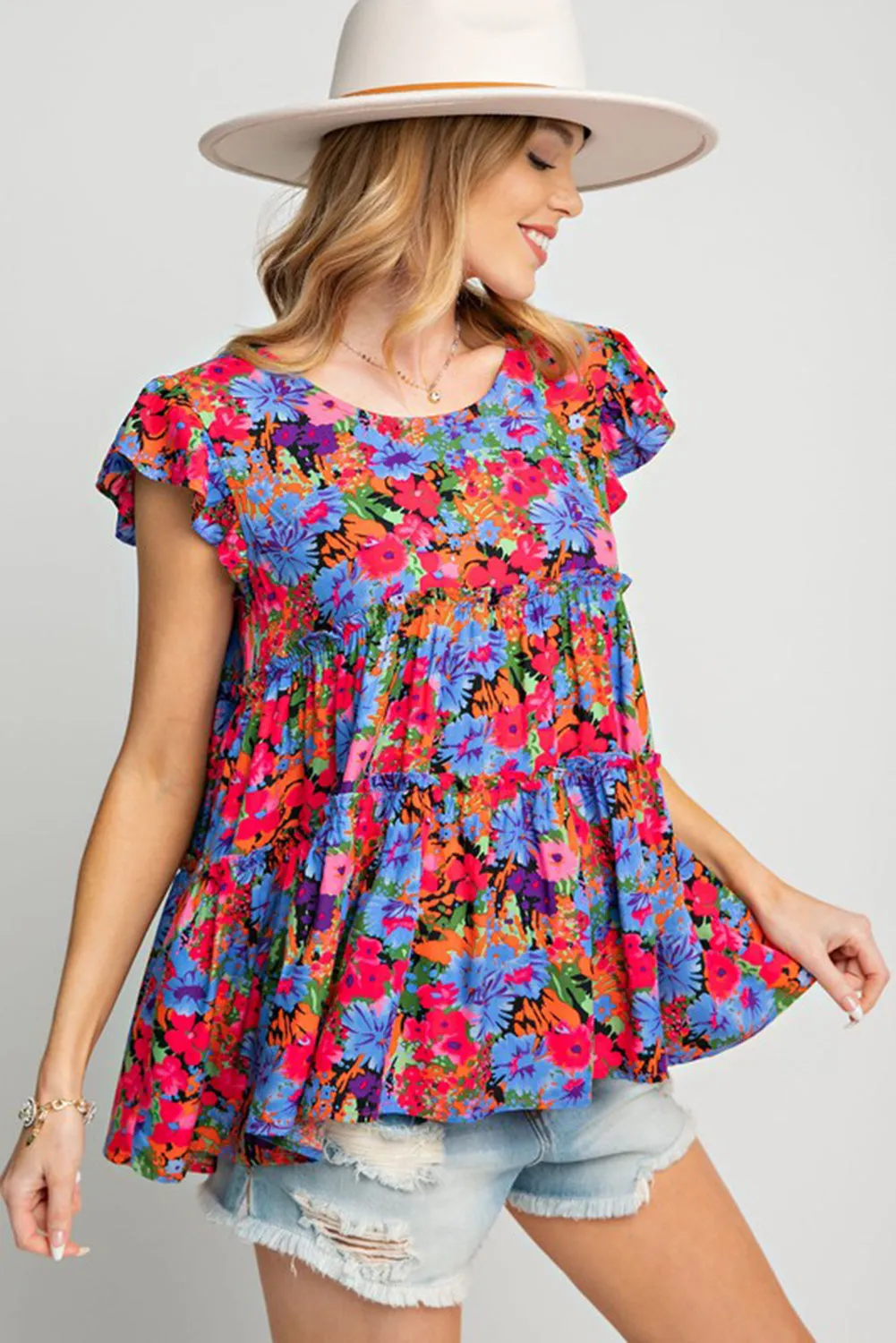 Multicolor Floral Short Sleeve Ruffle Mini Dress