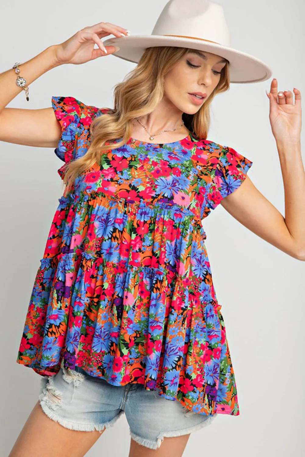 Multicolor Floral Short Sleeve Ruffle Mini Dress