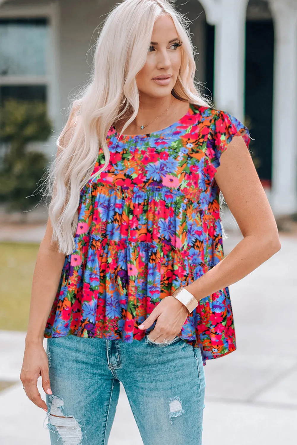 Multicolor Floral Short Sleeve Ruffle Mini Dress