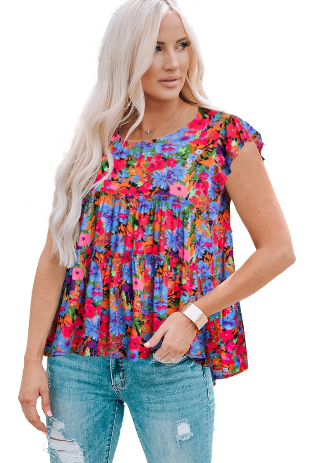 Multicolor Floral Short Sleeve Ruffle Mini Dress
