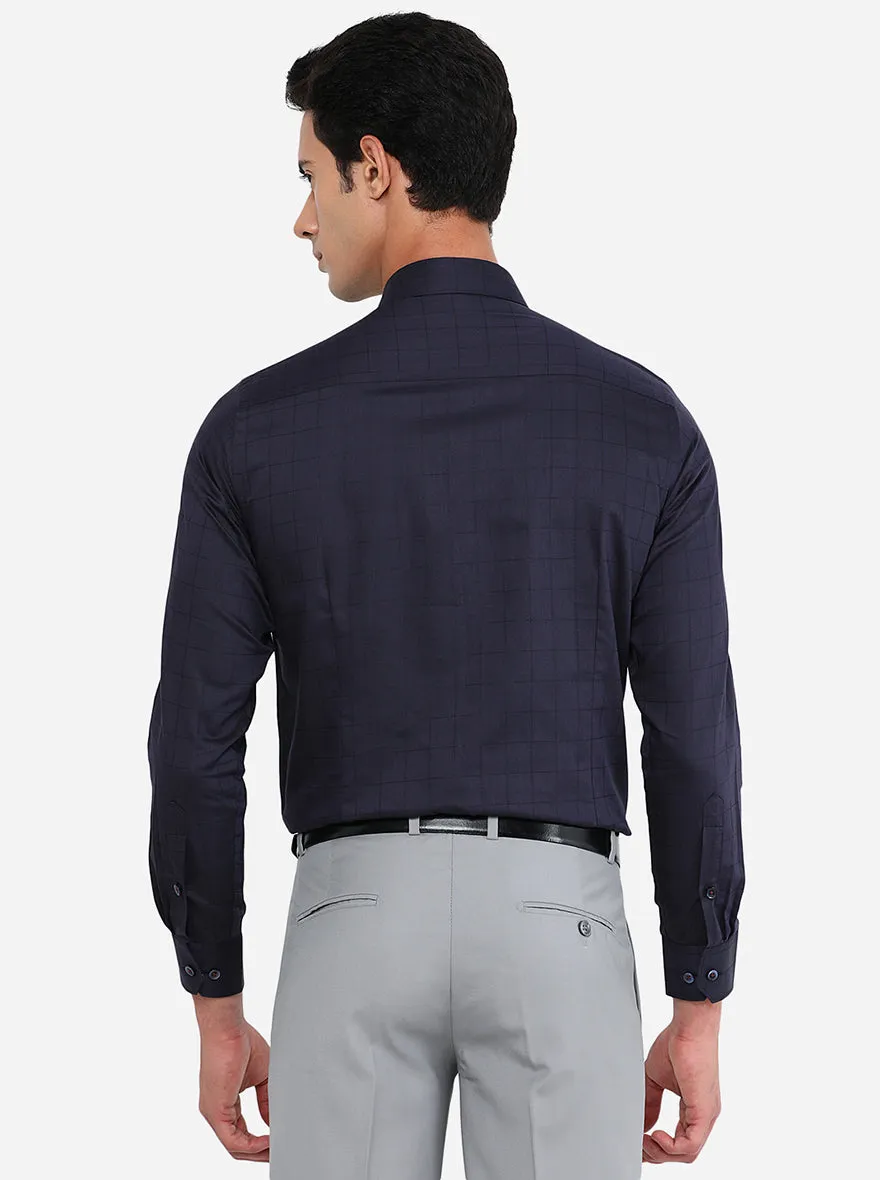 Navy Blue Checked Slim Fit Formal Shirt | Greenfibre