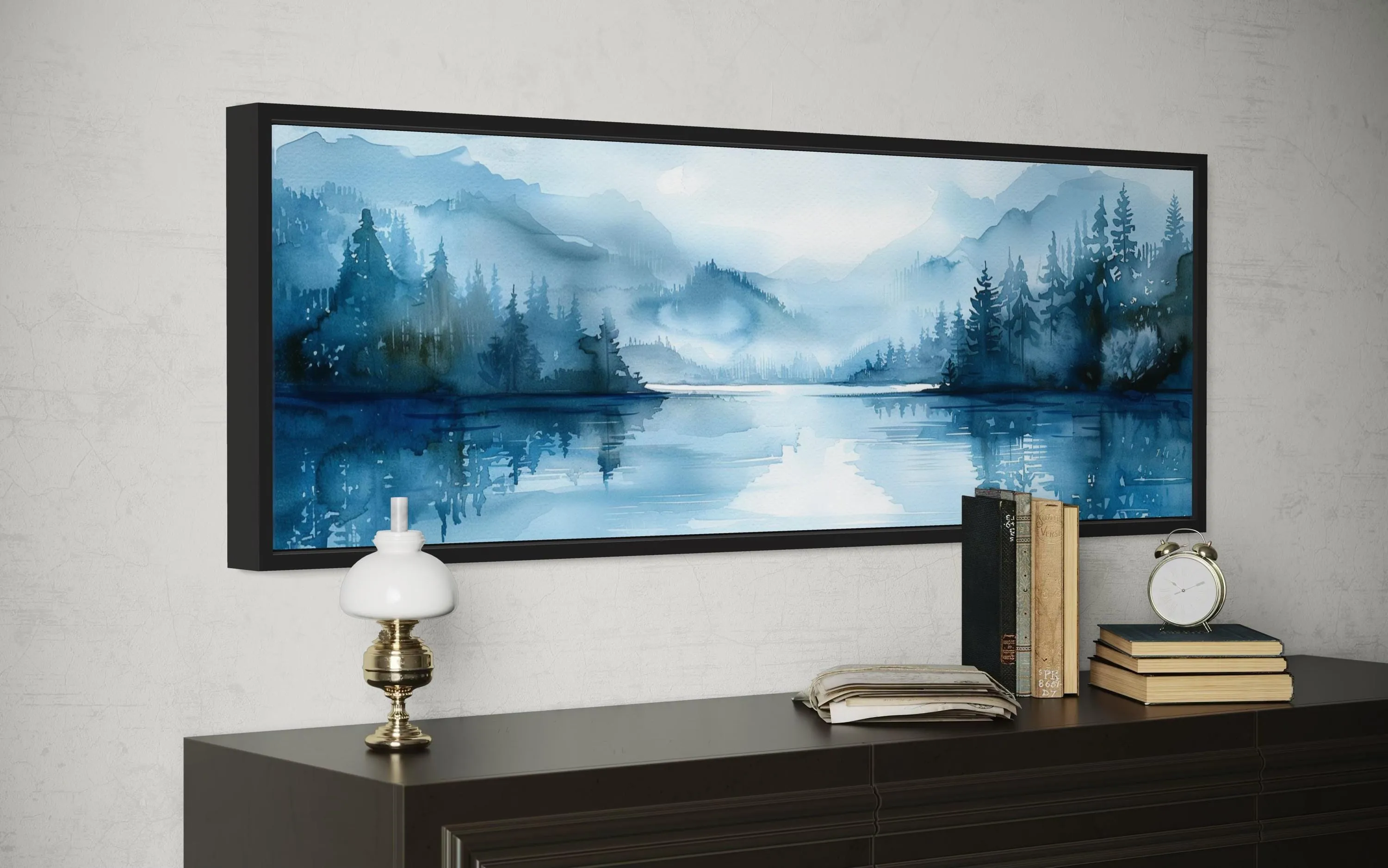Navy Blue Minimalist Lake Landscape Panoramic Above Bed Wall Art